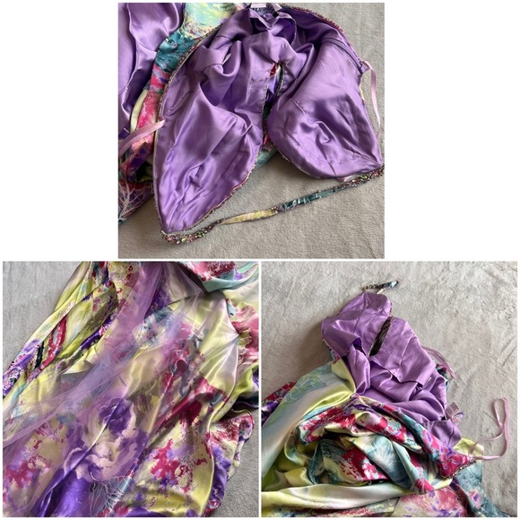 Jovani Beaded Watercolor Floral High-Low Embellished Bustle Prom Pageant Gown - Picture 14 of 17